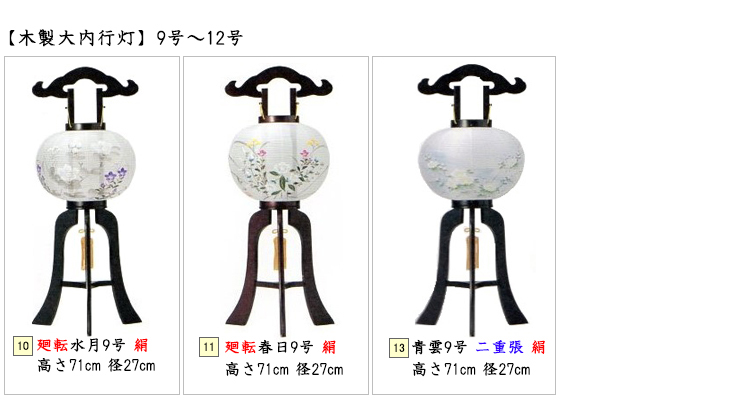木製大内行灯/廻点水月9号絹、廻転春日9号絹、青雲9号二重張絹